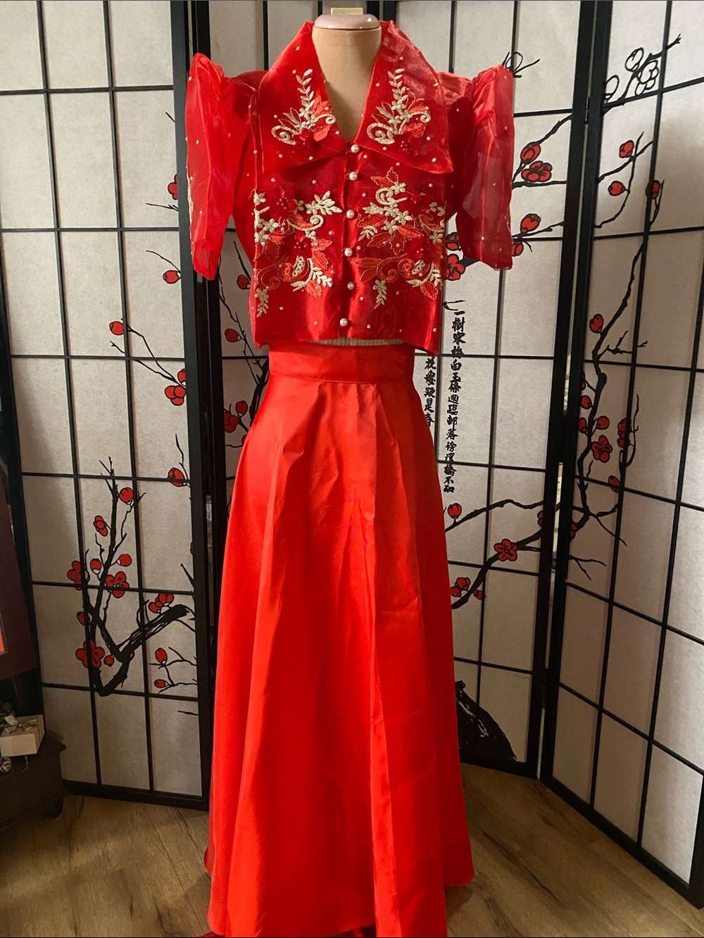 Filipiniana Red Embroidered Blouse with Satin Maxi Skirt Set